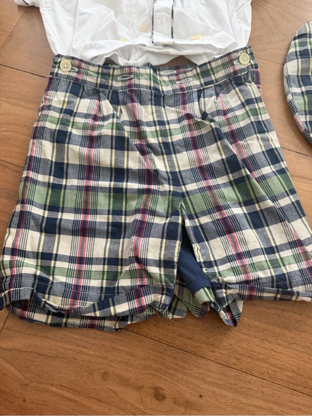 Ralph Lauren White Shirt with Navy, Green & Cream Plaid Shorts and Cap